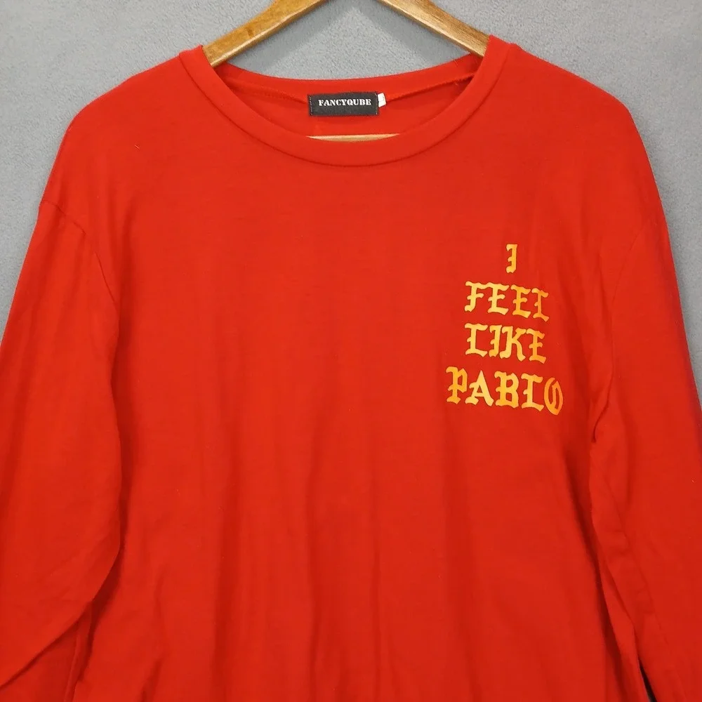 Fancyqube Knit T-Shirt Women Large Red I Feel Like Pablo Print Stretch Crew Neck